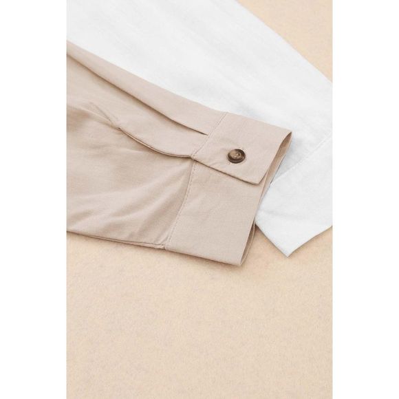 Azura Exchange  Khaki Colorblock Buttons Shirt-Collar Long Sleeve Pocket Blouse - Picture 13 of 13